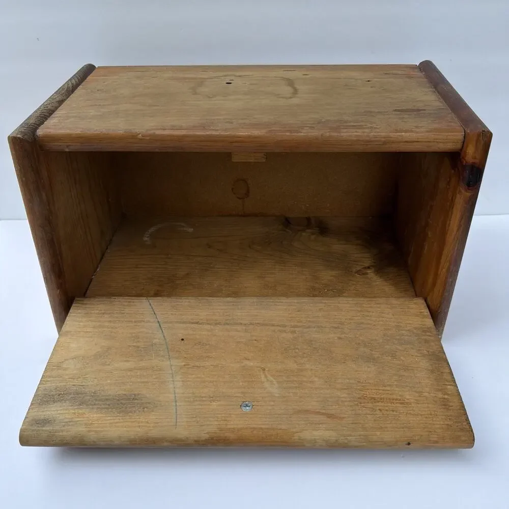 Wooden Bread Box MCM Oak Finish Decorative Bread Letters & Flowers Vintage Gift